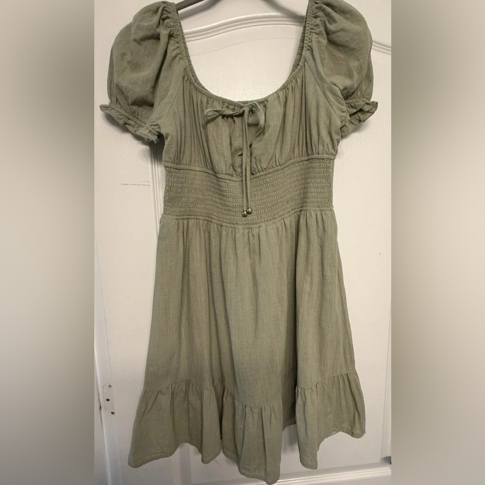 LILLUSORY Sage Green Cotton Smocked Puff Sleeve Cottagecore Dress XL - Picture 2 of 10